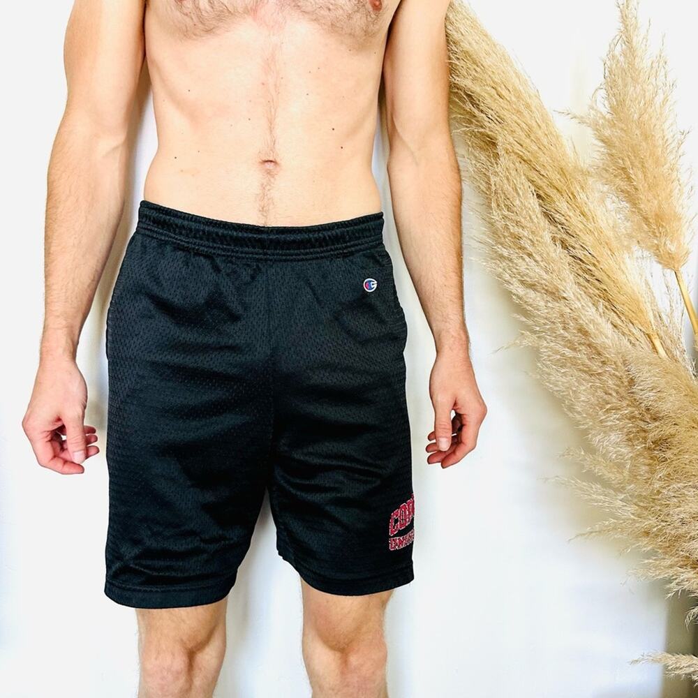 MENS CHAMPION Black Red Basketball Mesh Cornell Drawstring Workout Gym Shorts M